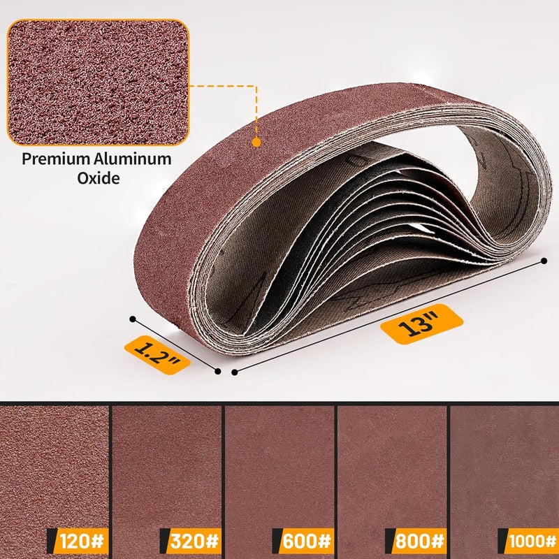 Junchamp 20Pcs 1.2" x 13" Replacement Knife Sharpener Sanding Belt, 120/320/600/800/1000 Grit Aluminum Oxide Sanding Belt for Belt Sander Knife Sharpening Wood Metal Polishing - Image 2